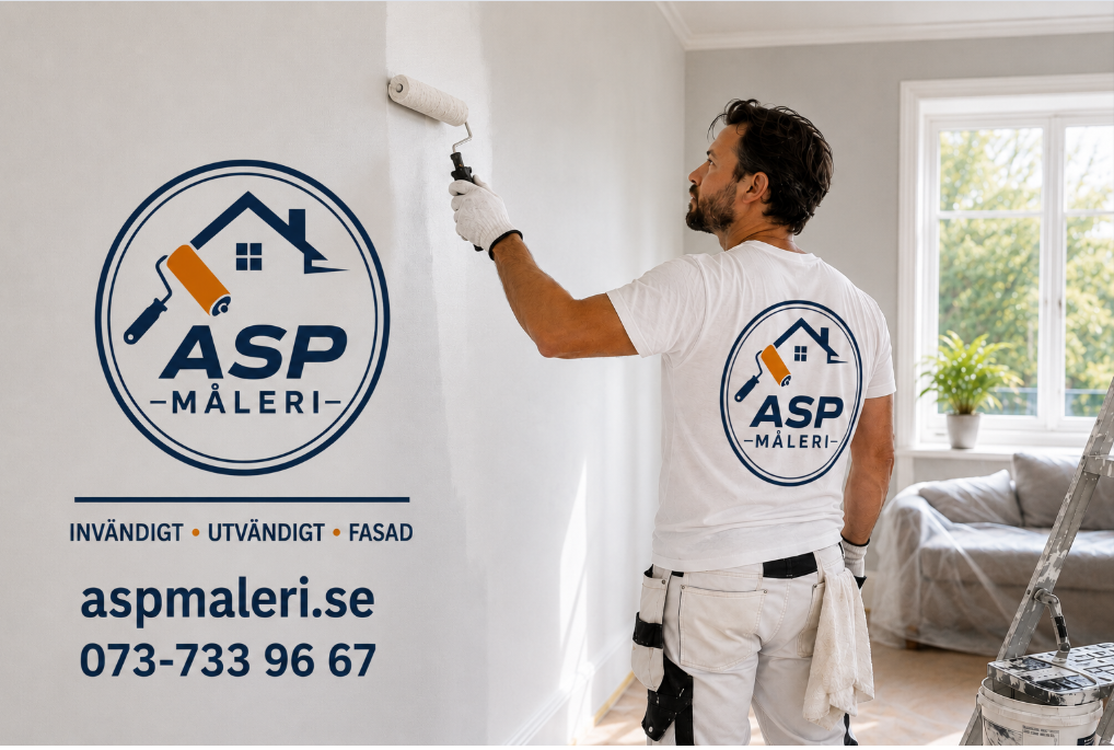 ASP Måleri – målare som målar en vägg, med företagets logotyp och kontaktuppgifter