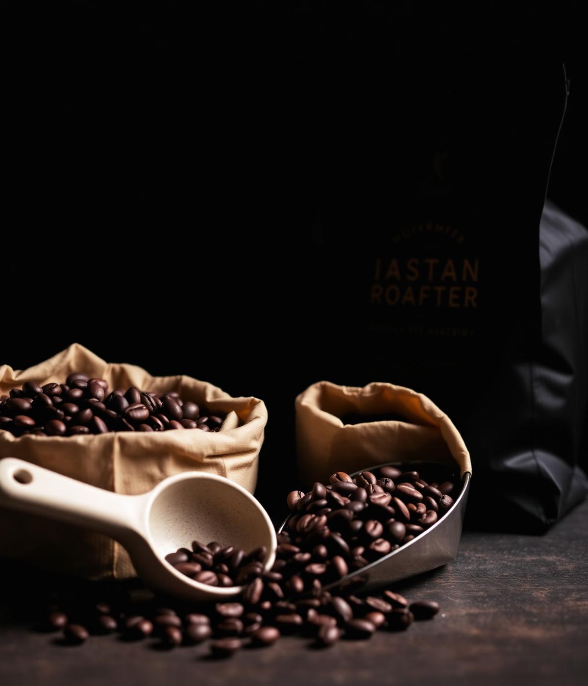 Nyrostade kaffebönor och skopa